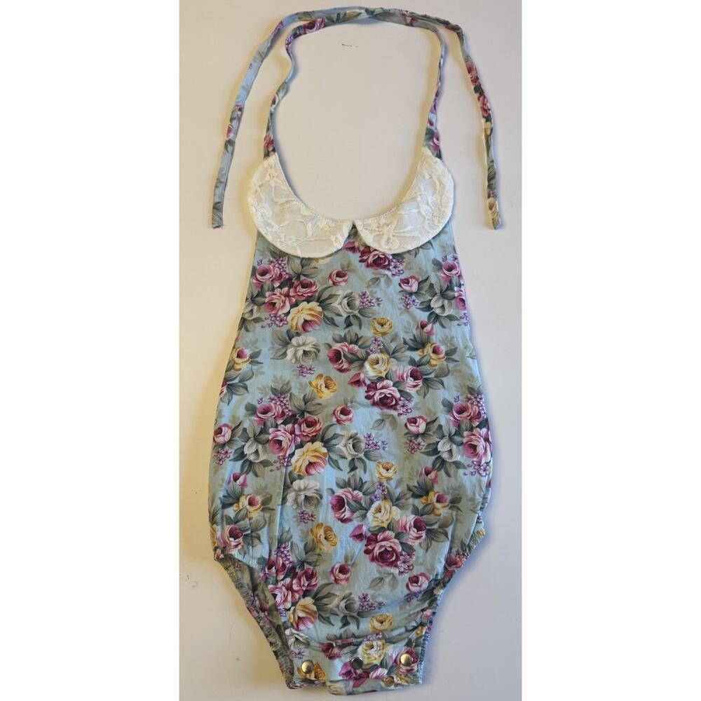 La Sienna Couture Girls Floral Halter Romper Size 3 Lace Collar Blue Pink